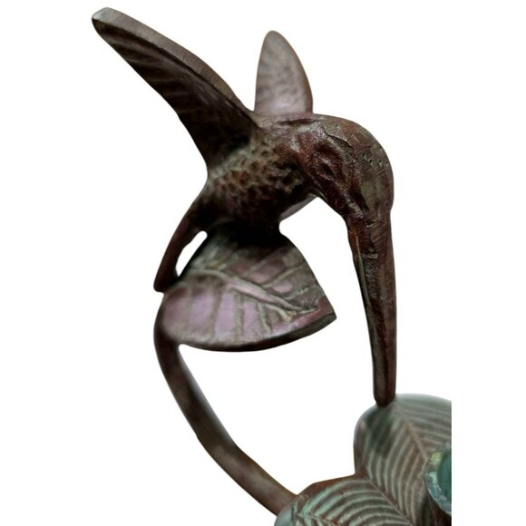 Bronze Hummingbird & Flower Sculpture Candle Holder Bird Floral Leaves Verdigris - Picture 7 of 14